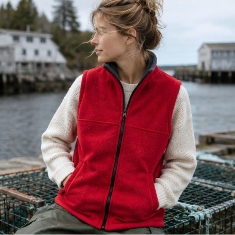Vintage 1990s Fleece Vest Full Zip Jacket Red Medium Gorpcore Cabincore Hiking